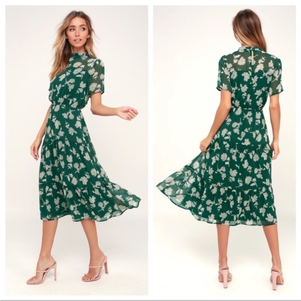 Green Floral Midi Dress with High Neck